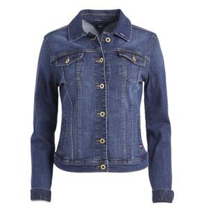 Tommy Hilfiger Denim Jacket Womens Large Navy Blue Beaded Metal Studs Big Star